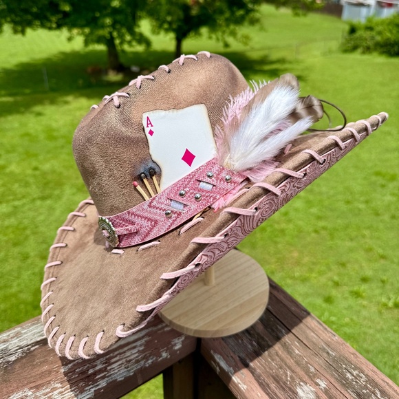 Burned Taupe Cowboy Hat with Pink Tooled Leather - Picture 1 of 5